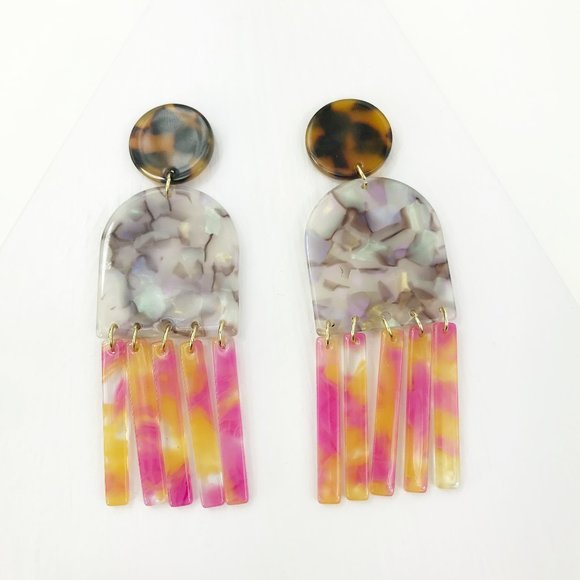 Gray Tab & Fringe Earrings w/ Pink & Yellow Fringe - Picture 1 of 7